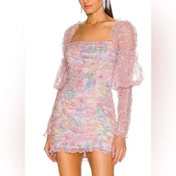 For Love & Lemons Imani Embroidered Mesh Shimmer Ruched Mini Dress Size M NWT - Picture 8 of 15